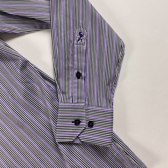 Bugatchi Shaped Fit Shirt Mens Small Purple White Stripe Cotton - Picture 3 of 11